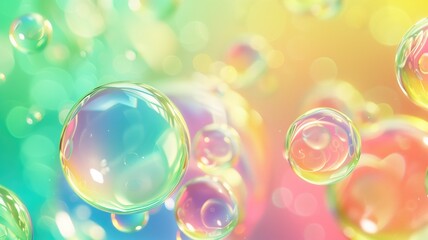 Colorful background with floating iridescent soap bubbles on a gradient of pastel hues.