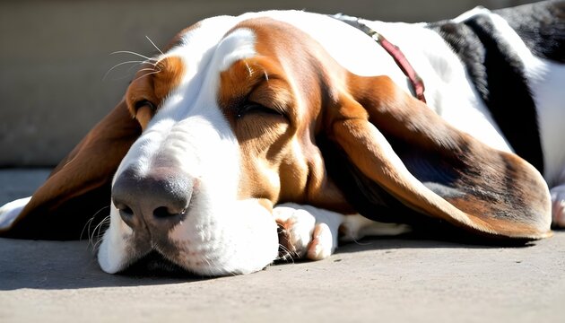 A Sleepy Basset Hound Napping In The Sun