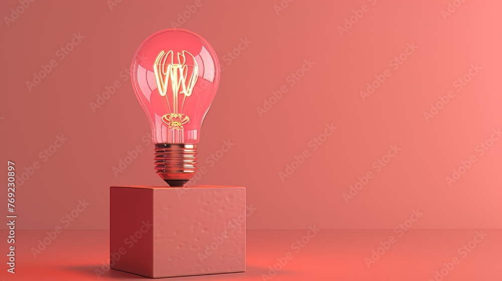 Aufkleber bright light bulb on block with space for text placement on solid color background