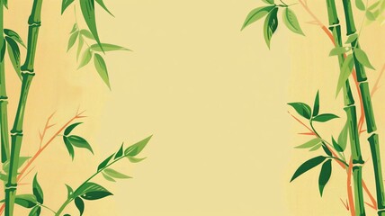 Fototapeta premium An illustrated background featuring bamboo stems and leaves in a stylized design, on textured beige backdrop.