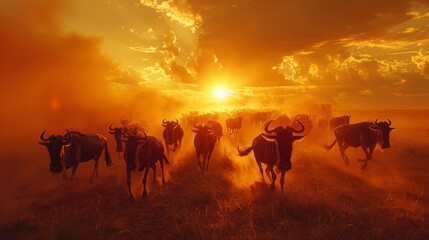 Herd of wildebeest racing across grassland under sunset sky