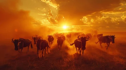 Selbstklebende Fototapeten Herd of wildebeest racing across grassland under sunset sky © yuchen