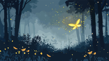 Abstract and magical image of Firefly flying in the dark forest