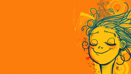 A stylized illustration of a content person with abstract designs on an orange background.