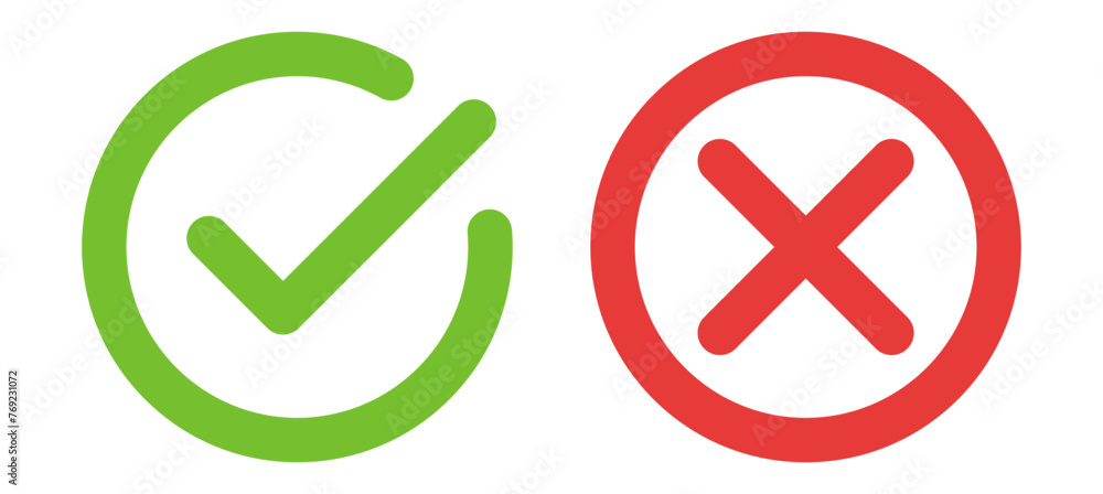 Aufkleber check mark icon button set. check box icon with right and wrong buttons and yes or no checkmark icons in green tick box and red cross. vector illustration