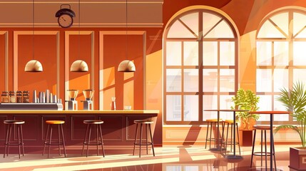 his illustration depicts the interior of a cafe or restaurant, featuring a cozy coffee shop vibe. 