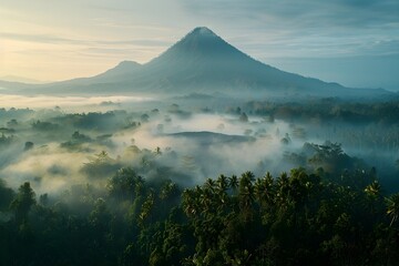Tranquil Dawn Over a Dormant Volcano: A Peaceful Sunrise Embracing a Majestic Mountain's Crater - Powered by Adobe