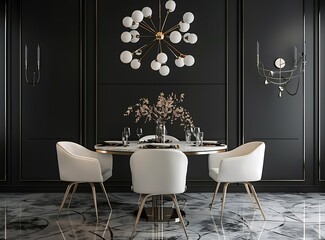 Beautiful dining table with white chairs and marble top in the style of luxury home interior design of modern living room, front view