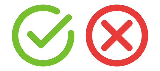 check mark icon button set. check box icon with right and wrong buttons and yes or no checkmark icons in green tick box and red cross. vector illustration - obrazy, fototapety, plakaty