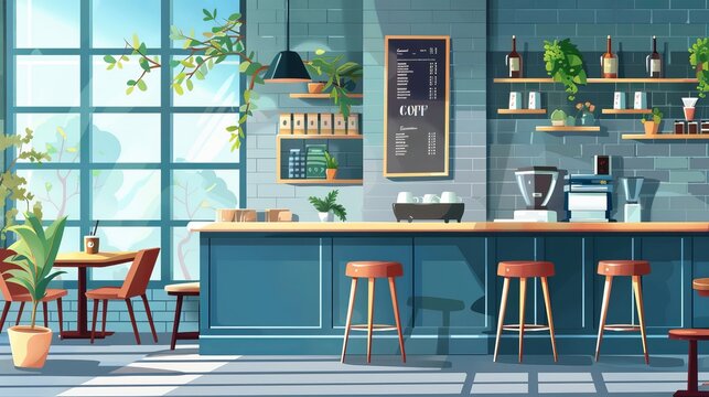 his illustration depicts the interior of a cafe or restaurant, featuring a cozy coffee shop vibe. 