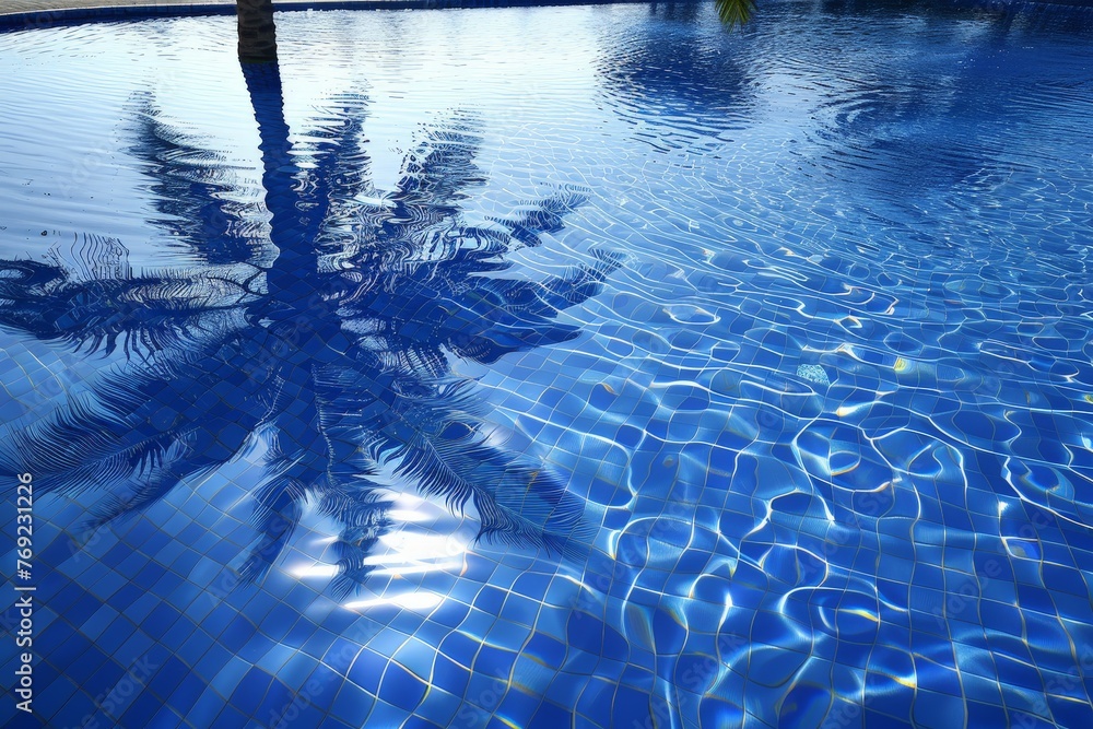 Aufkleber a majestic palm tree gracefully reflects on the calm surface of a pool as the sun sets, creating a m