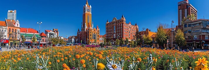 Naklejka premium Amidst the busy cityscape, a vibrant field of flowers blooms with colors of pink, yellow, and purple, creating a surreal and enchanting sight