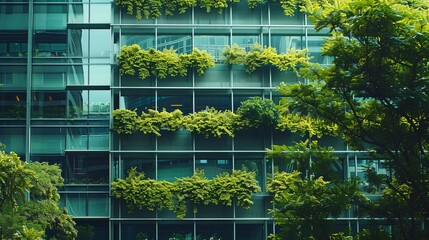 A picture focusing on a tree in front of a modern building with walls covered in plants, showing a mix of nature and urban design.