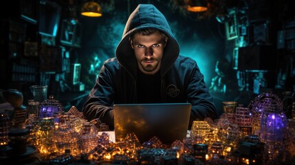A young man in a hoodie works on a laptop at night.