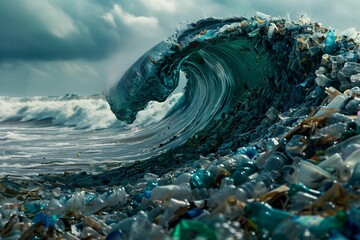 Ocean wave full of plastic bottles and trash - 769231462