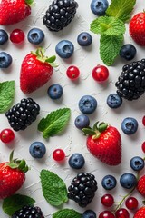 wild berries and mint leaves on a white background top view blueberries raspberries strawberries currants blackberries 