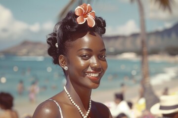 Old photo of a young woman in Hawaii smiling - 769231615