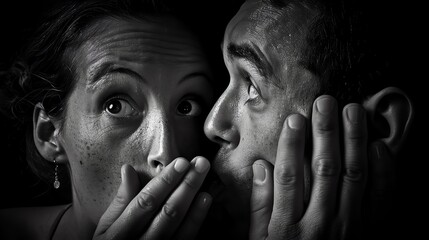 The dramatic moment of one person whispering a secret to another, their expressions filled with anticipation and surprise.