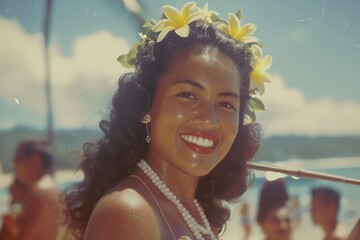 Old photo of a young woman in Hawaii smiling - 769231621
