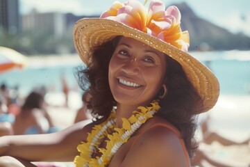 Old photo of a young woman in Hawaii smiling - 769231623