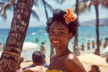 Old photo of a young woman in Hawaii smiling - 769231625
