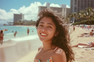 Old photo of a young woman in Hawaii smiling - 769231628