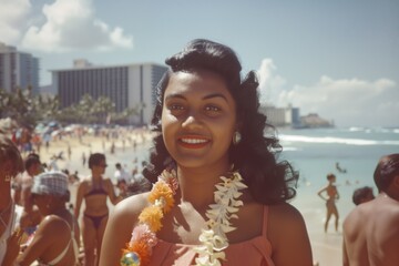 Old photo of a young woman in Hawaii smiling - obrazy, fototapety, plakaty