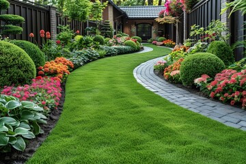Fototapeta premium A verdant yard teeming with vibrant flowers and lush bushes, creating a serene and picturesque oasis of natural beauty