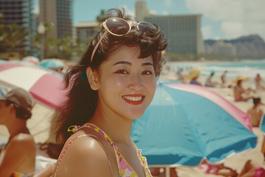 Old photo of a young woman in Hawaii smiling