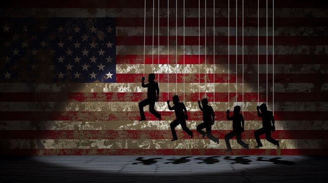 Visual metaphor of silhouette figures strung as marionettes against a grunge-textured American flag, suggesting themes of control and independence.