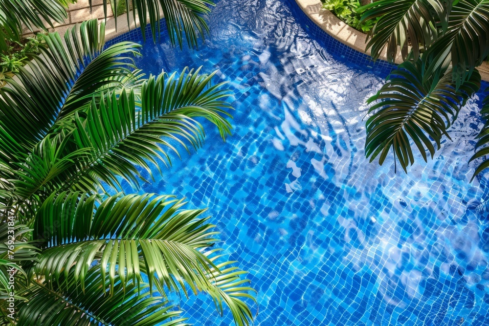 Poster a serene scene of a blue swimming pool nestled among lush palm trees, creating a tranquil oasis in a
