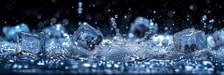 Water splash isolated on black background Falling ice cubes and splashes blue water splash isolated on black background with copy space for your text 