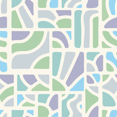 Retro abstract wallpaper print. Soft geometric shapes home decor design inspired by Scandinavian and Mid-century aesthetics. Groovy seamless pattern in pastel tones. Vector illustration