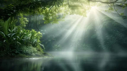 Tuinposter Enchanted woodlands. Serene capture of forest bathed in gentle morning sunlight reflecting in tranquil river ideal nature landscape and scenic collections © JovialFox