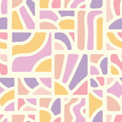 Retro abstract wallpaper print. Soft geometric shapes home decor design inspired by Scandinavian and Mid-century aesthetics. Groovy seamless pattern in pastel tones. Vector illustration