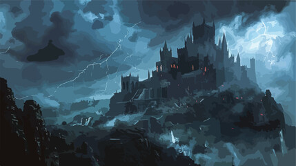 An ancient mythical castle landscape scenic  in stormy weather - obrazy, fototapety, plakaty