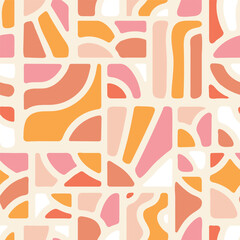 Retro abstract wallpaper print. Soft geometric shapes home decor design inspired by Scandinavian and Mid-century aesthetics. Groovy seamless pattern in pastel tones. Vector illustration