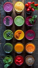 Selection of colourful smoothies on rustic wood background 