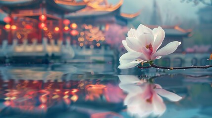 Tranquil Temple Reflection with Blossom