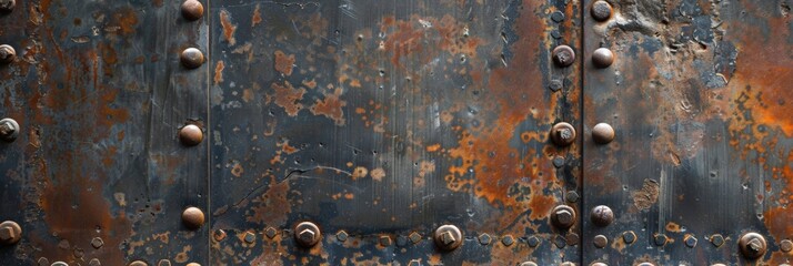 Rustic metal background with rivets and weathered patina 