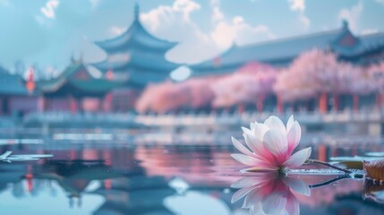 Serene Lotus Pond with Temple Background