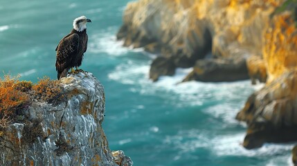 Accipitridae bird perched on cliff above ocean, overlooking liquid landscape - obrazy, fototapety, plakaty
