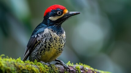 Acorn Woodpecker, Beautiful Bird Sitting on the Green Mossy Branch in Wild Nature Costa Rica. Birdwatching in America. Woodpecker from Costa Rica Mountain  Rainy Forest - Generative AI - obrazy, fototapety, plakaty