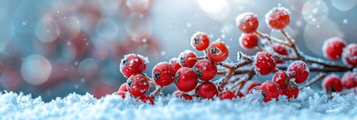 Red Christmas berries with frost on a snowy background 