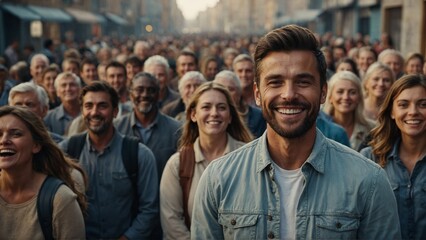 A smiling man stands out from a large crowd of people.