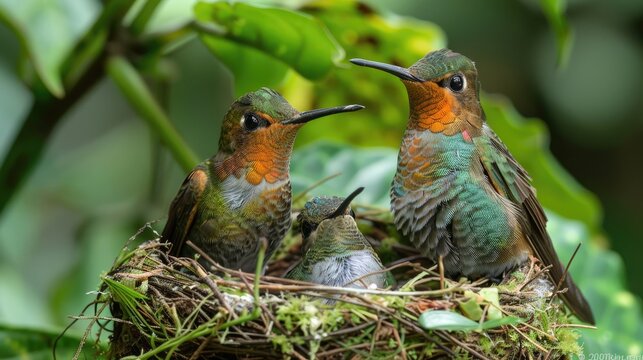 Adult Hummingbird With Three Chicks in the Nest, Green Violet-Ear, Costa Rica - Generative AI