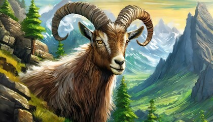 A robust goat with fur like a tapestry of mountain landscapes, complete with miniature trees  - obrazy, fototapety, plakaty