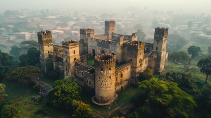 Aerial View at Fusillades Castle in Gondar in Ethiopia. Green Trees with Old Building in Africa Landscape. Ethiopia, Traveling in Africa Landscapes - Generative AI - obrazy, fototapety, plakaty