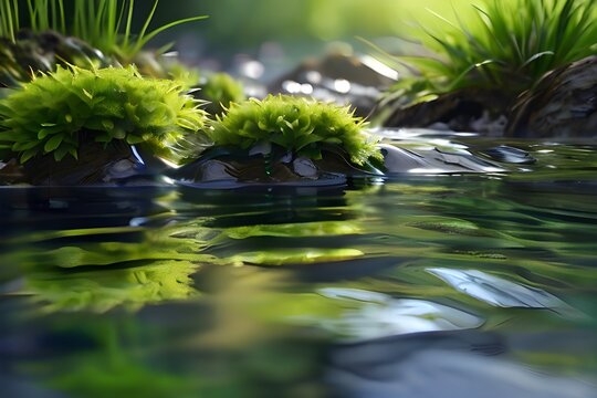 Beautiful spring detailed close up stream of fresh water with young green plants. Horizontal banner, springtime concept. Abstract outdoor wild nature background. AI generative image. Generative AI