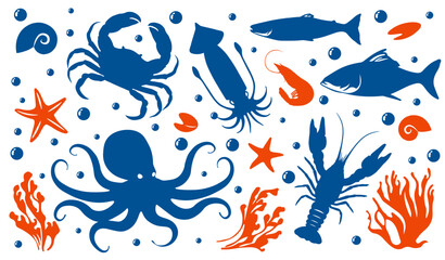 Fototapeta premium Set of Seafood silhouettes